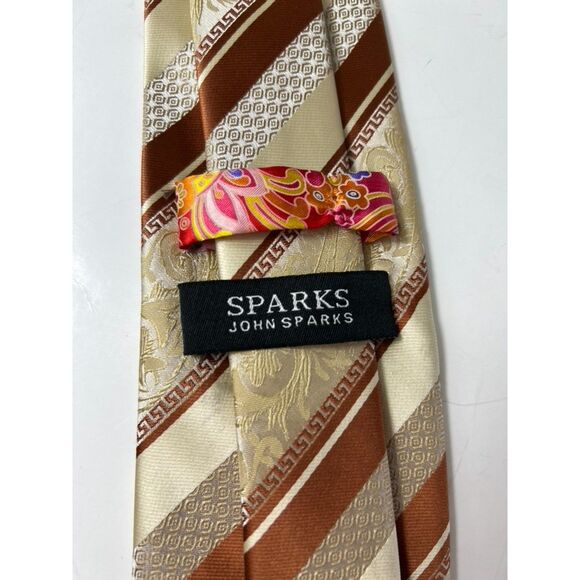 Sparks John Sparks Beige Ivory Chestnut Diagonal Stripe Jacquard Print Tie - Picture 6 of 11
